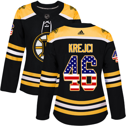 Adidas Bruins #46 David Krejci Black Home Authentic USA Flag Women's Stitched NHL Jersey - Click Image to Close